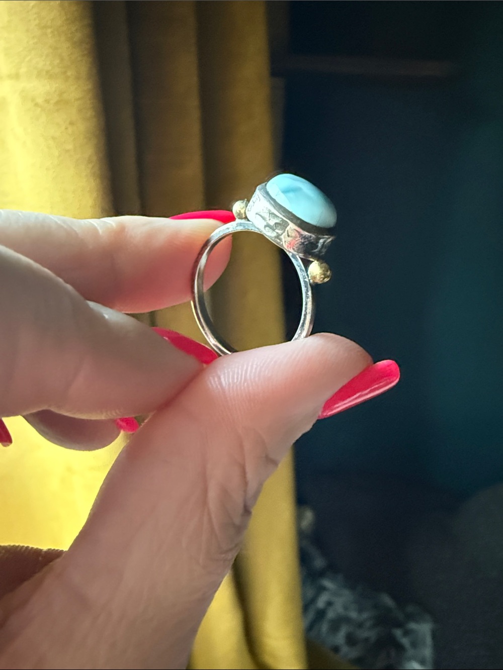 Silver Cocktail Ring with Larimar Stone and Gold Accents